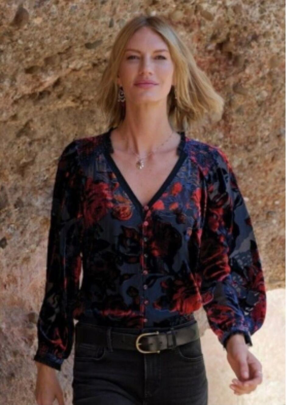Sundance Silk Blend velvet floral burnout button-down blouse PM Sheer Whimsigoth